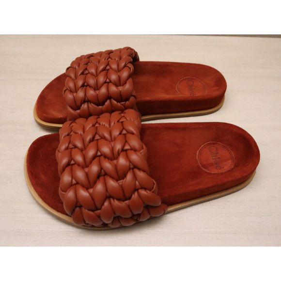Chloé Womens Sz 37W US 7 Terracotta Red Kacey Braided Leather Slide Sandals - Picture 4 of 11